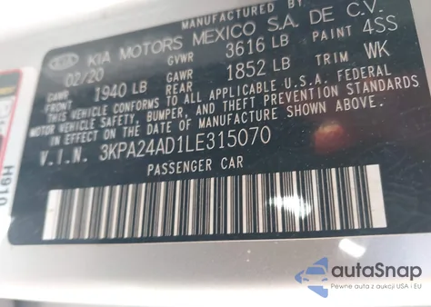 2020 Kia Rio S z USA, uszkodzony, nr VIN 3KPA24AD1LE315070